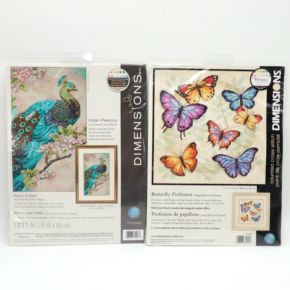2x Dimensions Cross Stitch Indian Peacock 9"x15" and Butterfly Profusion 11"x11"
